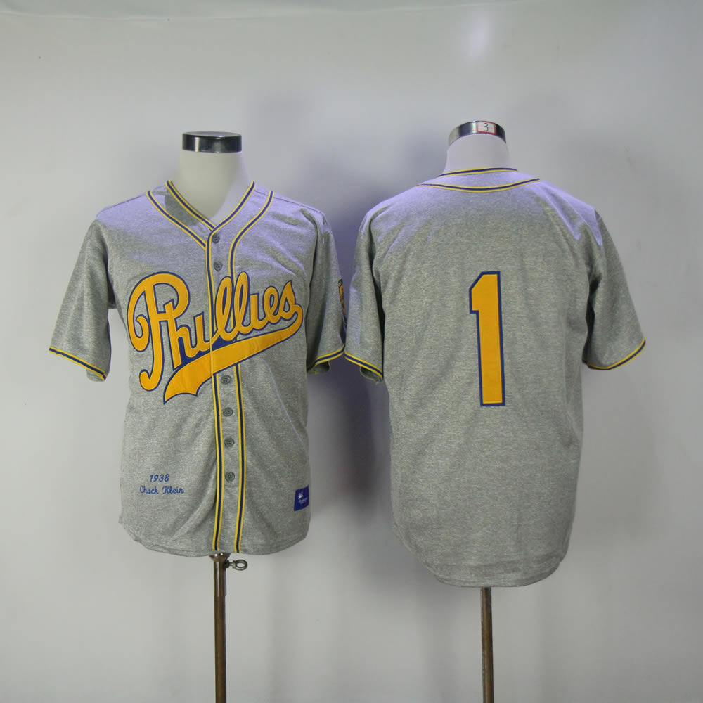 Men Philadelphia Phillies #1 Ashburn Grey Throwback 1938 MLB Jerseys